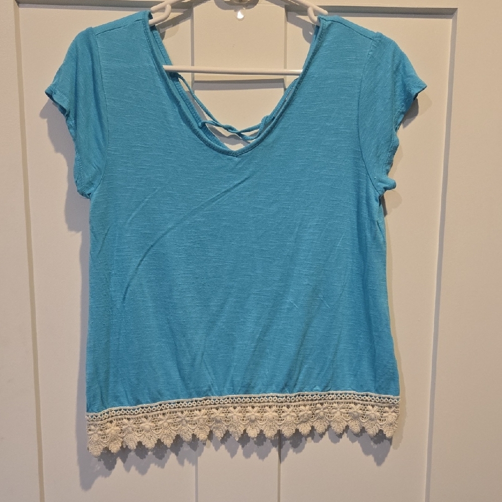Hippie Rose Aqua Blue Short Sleeve Top with Crochet Trim Womens Small